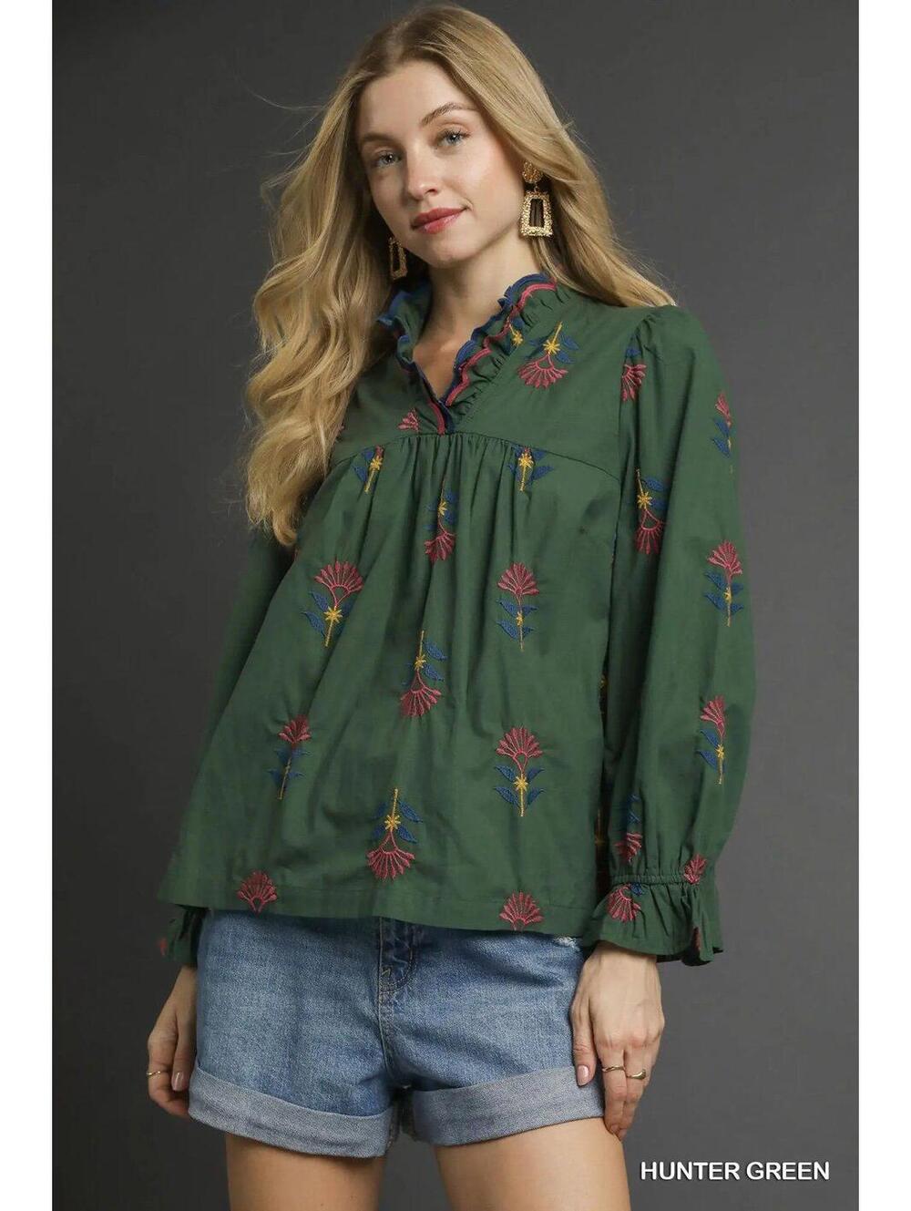 Umgee Green Blouse with Embroidery Design Medium Boutique New with Tags - Picture 6 of 8